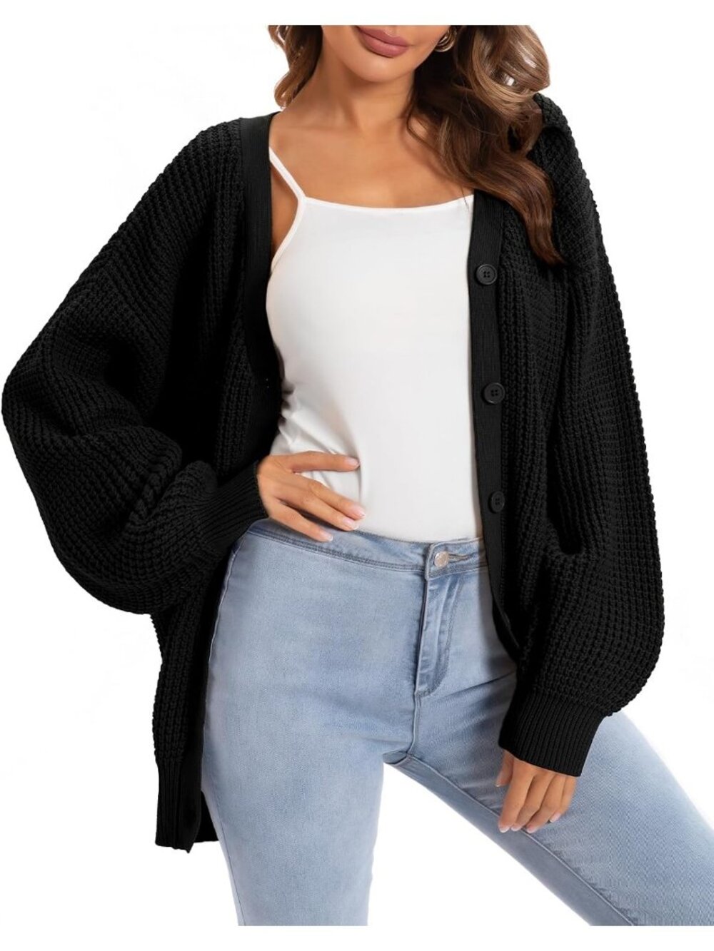 Women's Black Cotton Knit Cardigan with Lantern Sleeves V Neck Casual Sweater